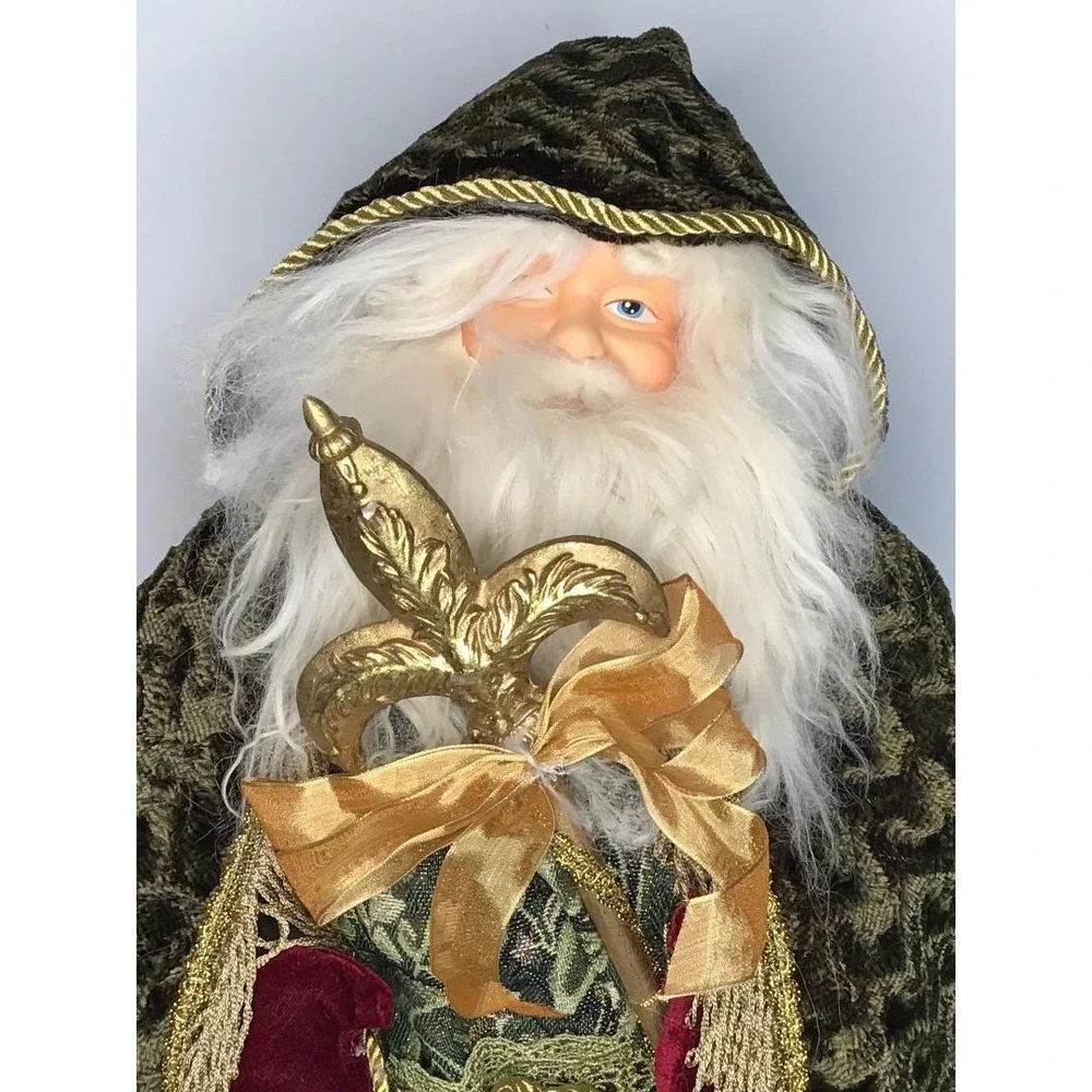 VTG Old World Santa Claus Topper Figurine Olive Green Velvet Lantern 24
